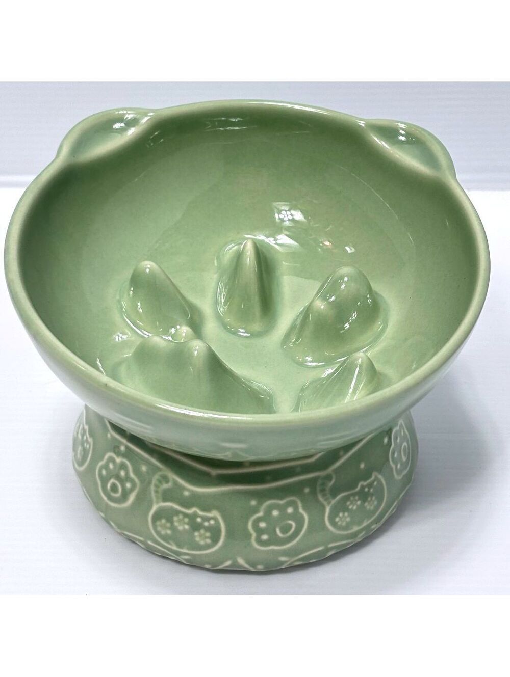 Green Ceramic Cat Paw Shaped Pet Feed Food Bowl with Raised Base NEW